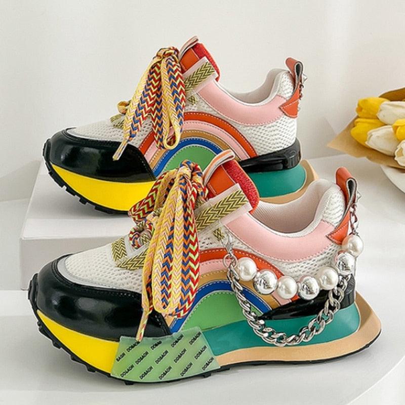 New Lace Up Iridescent Pearl Chain Decorative Women Vulcanized Shoes - Twin Chronicles