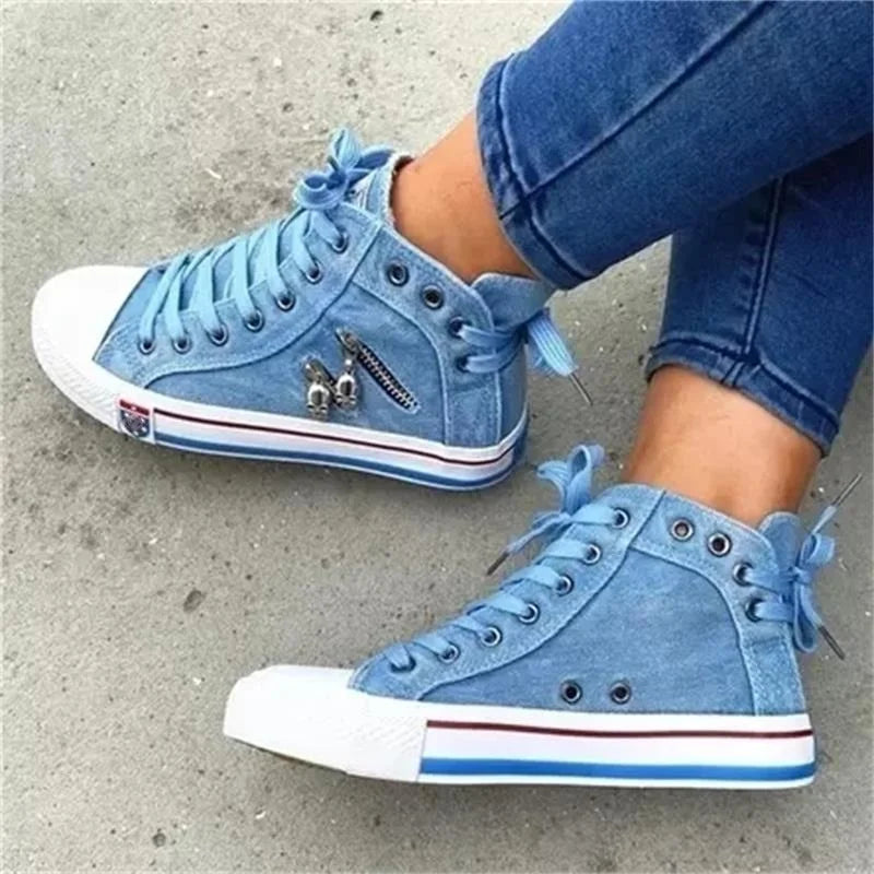 Women New Denim Flat-heel Round Toe Lace-up Casual Sneakers