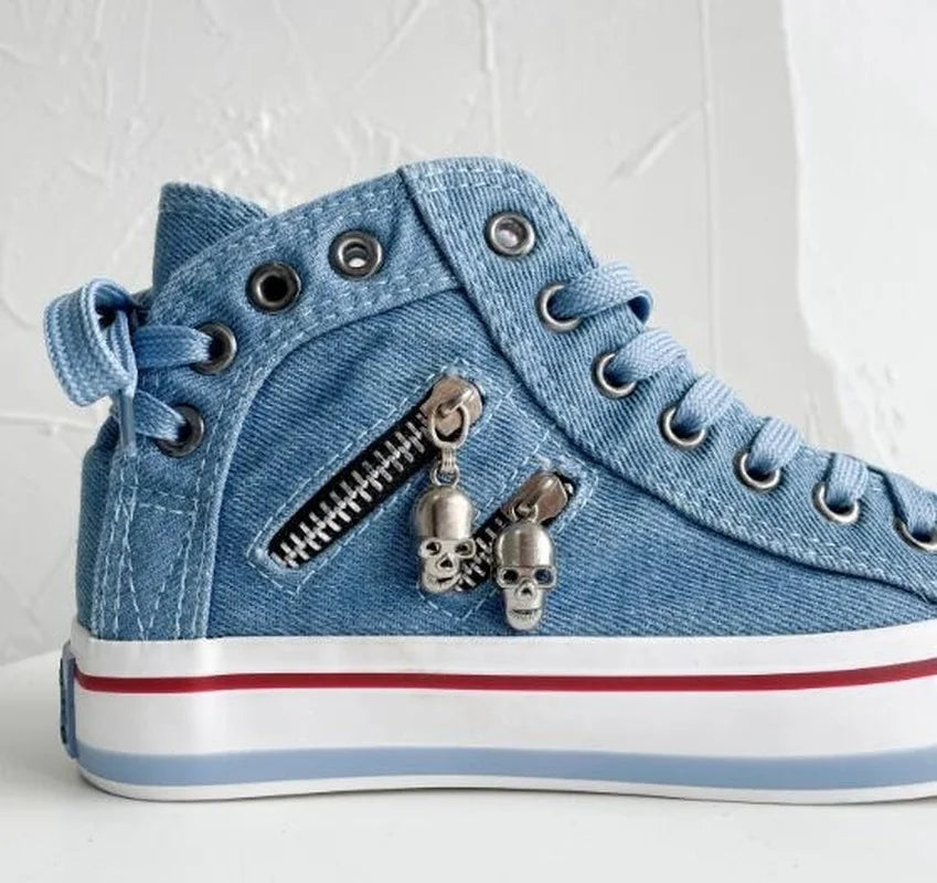 Women New Denim Flat-heel Round Toe Lace-up Casual Sneakers