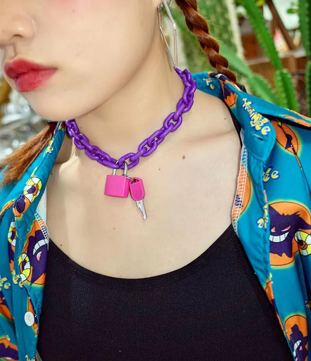 Rock Punk Acrylic Chain Lock Pendant Necklace