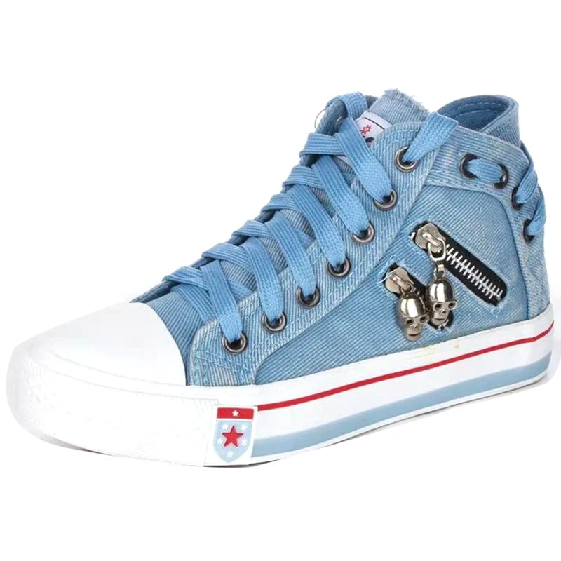 Women New Denim Flat-heel Round Toe Lace-up Casual Sneakers