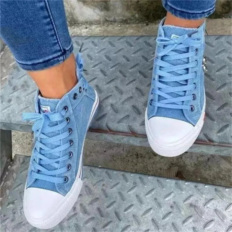 Women New Denim Flat-heel Round Toe Lace-up Casual Sneakers