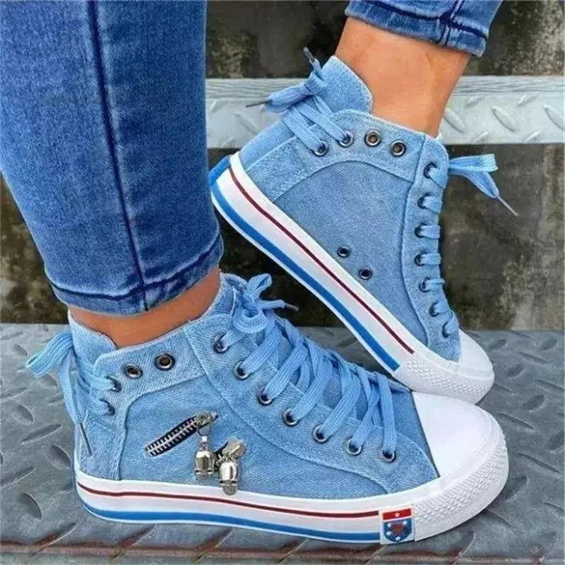 Women New Denim Flat-heel Round Toe Lace-up Casual Sneakers