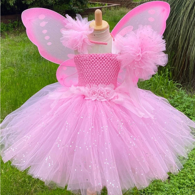 Girls Pink Fairy Dress Kids Glitter Tutu Flower Dresses with Wings and Stick Hairbow