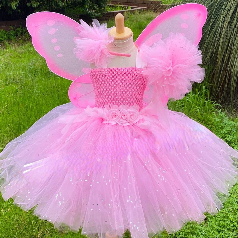 Girls Pink Fairy Dress Kids Glitter Tutu Flower Dresses with Wings and Stick Hairbow