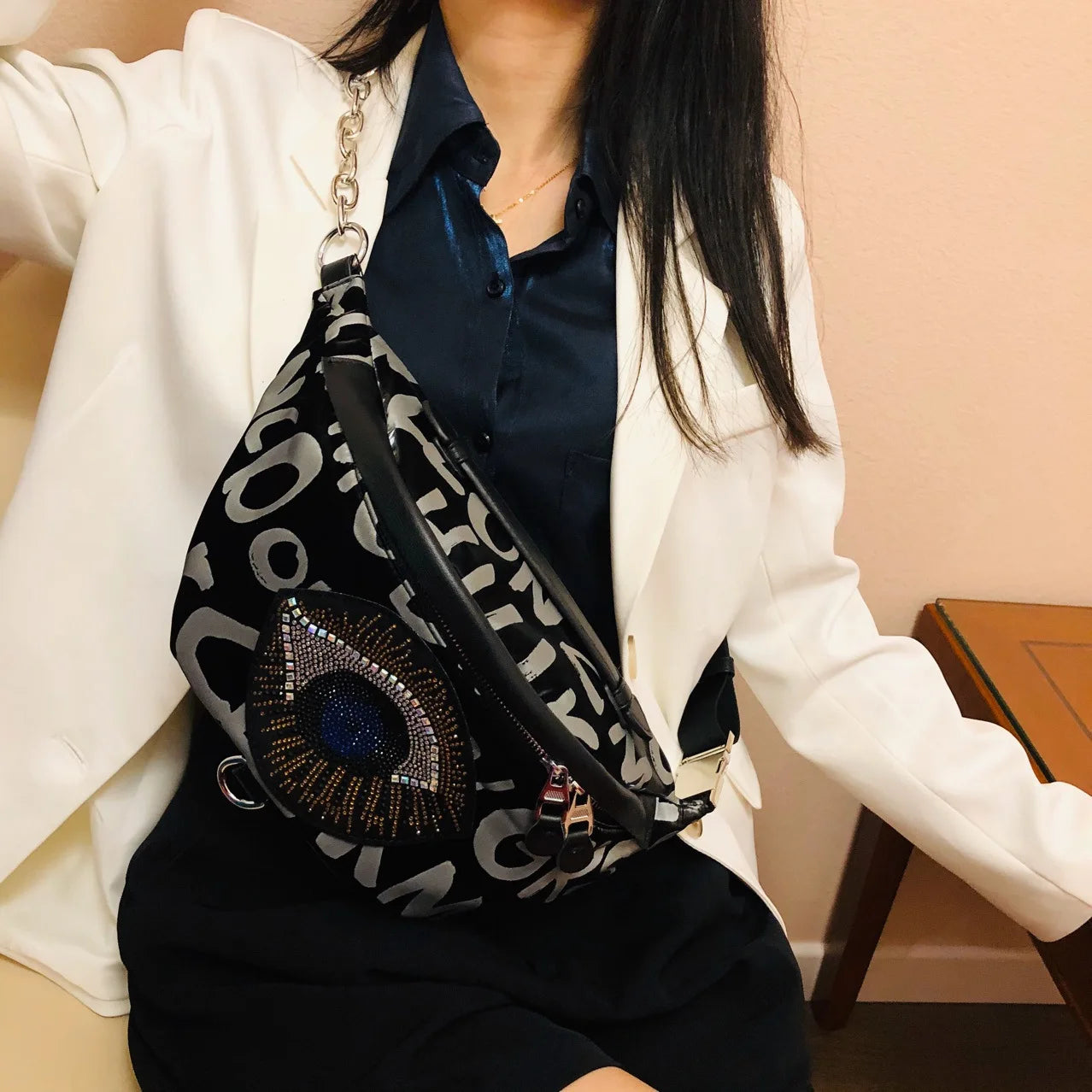 Women Oxford Rhinestone Evil Eye Waist Bag