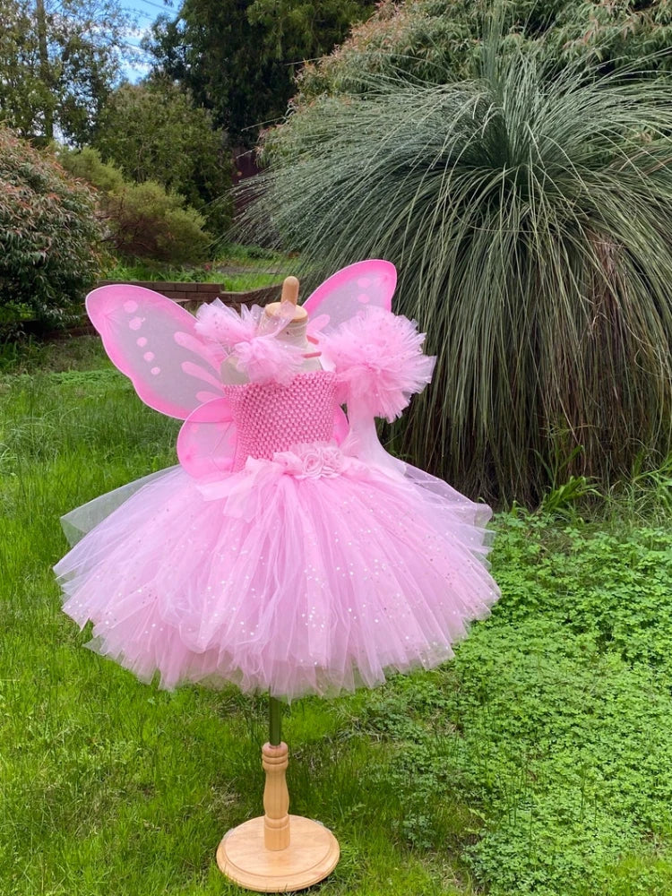 Girls Pink Fairy Dress Kids Glitter Tutu Flower Dresses with Wings and Stick Hairbow