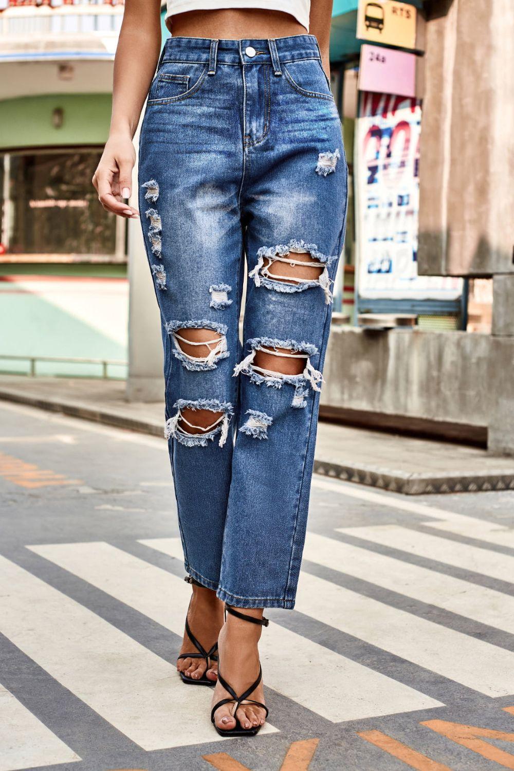 Distressed Buttoned Jeans with Pockets - Twin Chronicles