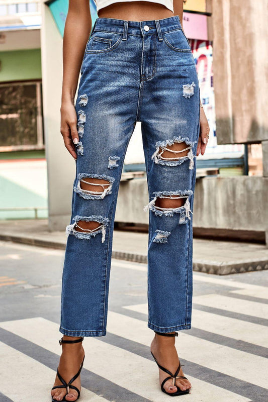 Distressed Buttoned Jeans with Pockets - Twin Chronicles