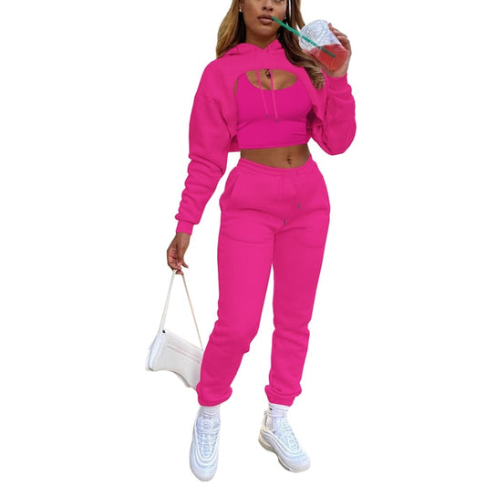 3Pcs Set Women Tracksuit Fleece Long Sleeve Pullover Crop Top Hoodie+Tanks+Jogger Outfit - Twin Chronicles