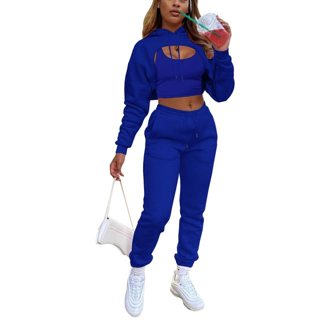 3Pcs Set Women Tracksuit Fleece Long Sleeve Pullover Crop Top Hoodie+Tanks+Jogger Outfit - Twin Chronicles