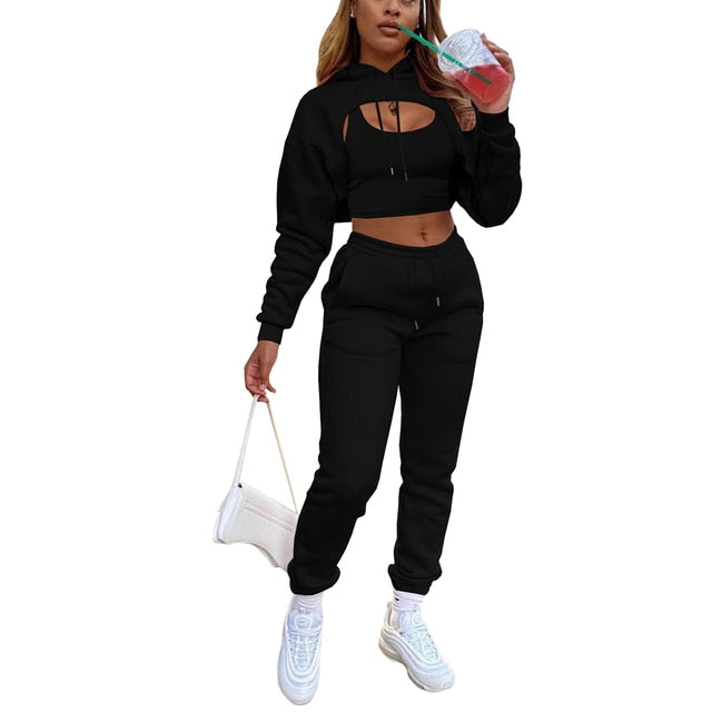 3Pcs Set Women Tracksuit Fleece Long Sleeve Pullover Crop Top Hoodie+Tanks+Jogger Outfit - Twin Chronicles