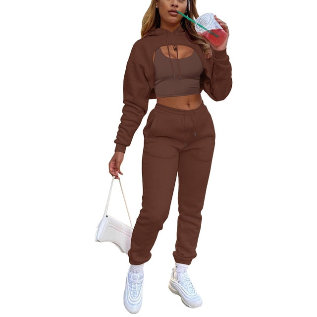 3Pcs Set Women Tracksuit Fleece Long Sleeve Pullover Crop Top Hoodie+Tanks+Jogger Outfit - Twin Chronicles