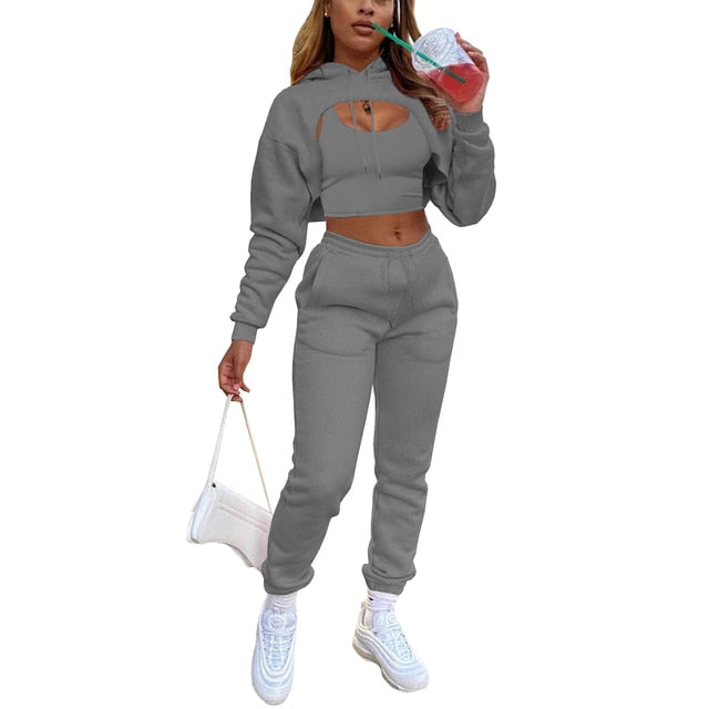 3Pcs Set Women Tracksuit Fleece Long Sleeve Pullover Crop Top Hoodie+Tanks+Jogger Outfit - Twin Chronicles