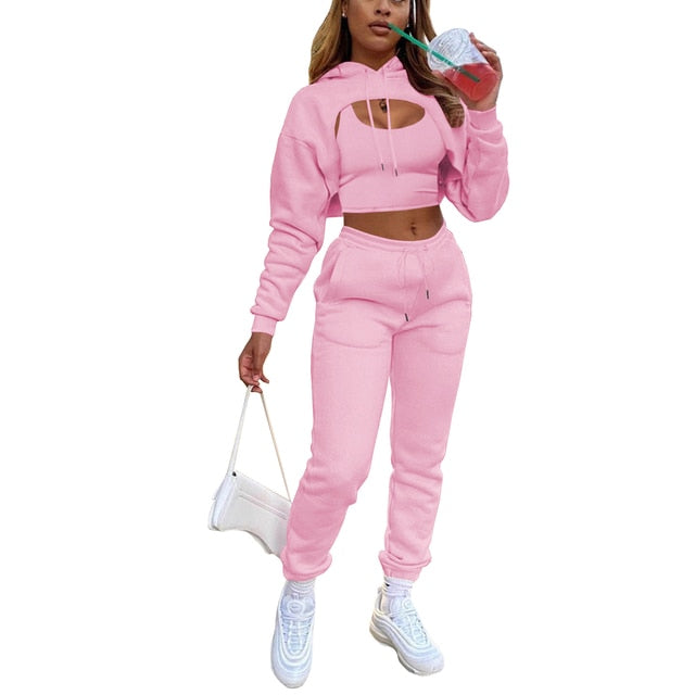 3Pcs Set Women Tracksuit Fleece Long Sleeve Pullover Crop Top Hoodie+Tanks+Jogger Outfit - Twin Chronicles