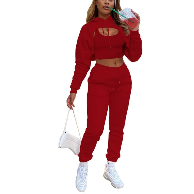 3Pcs Set Women Tracksuit Fleece Long Sleeve Pullover Crop Top Hoodie+Tanks+Jogger Outfit - Twin Chronicles