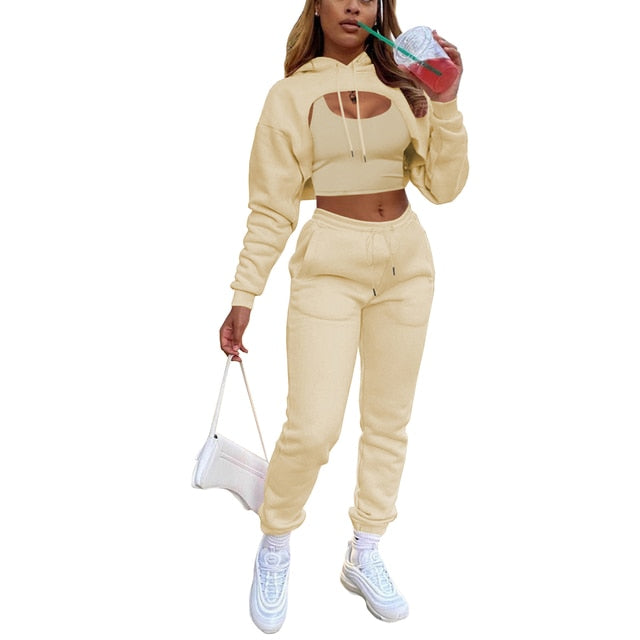 3Pcs Set Women Tracksuit Fleece Long Sleeve Pullover Crop Top Hoodie+Tanks+Jogger Outfit - Twin Chronicles