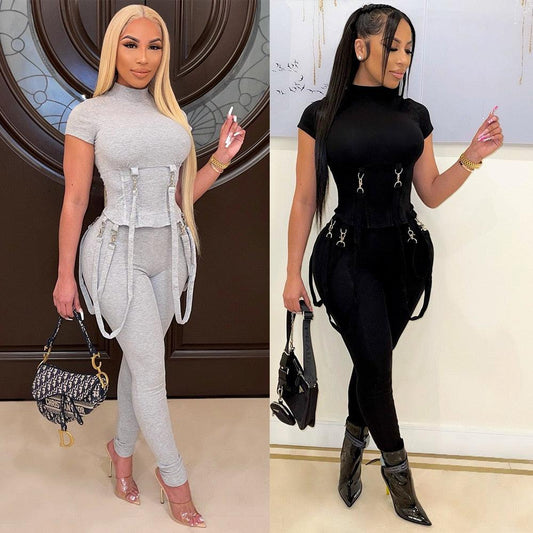 Locomotive Style Tracksuit Women Casual O Neck Short Sleeve Top + Pant Set - Twin Chronicles