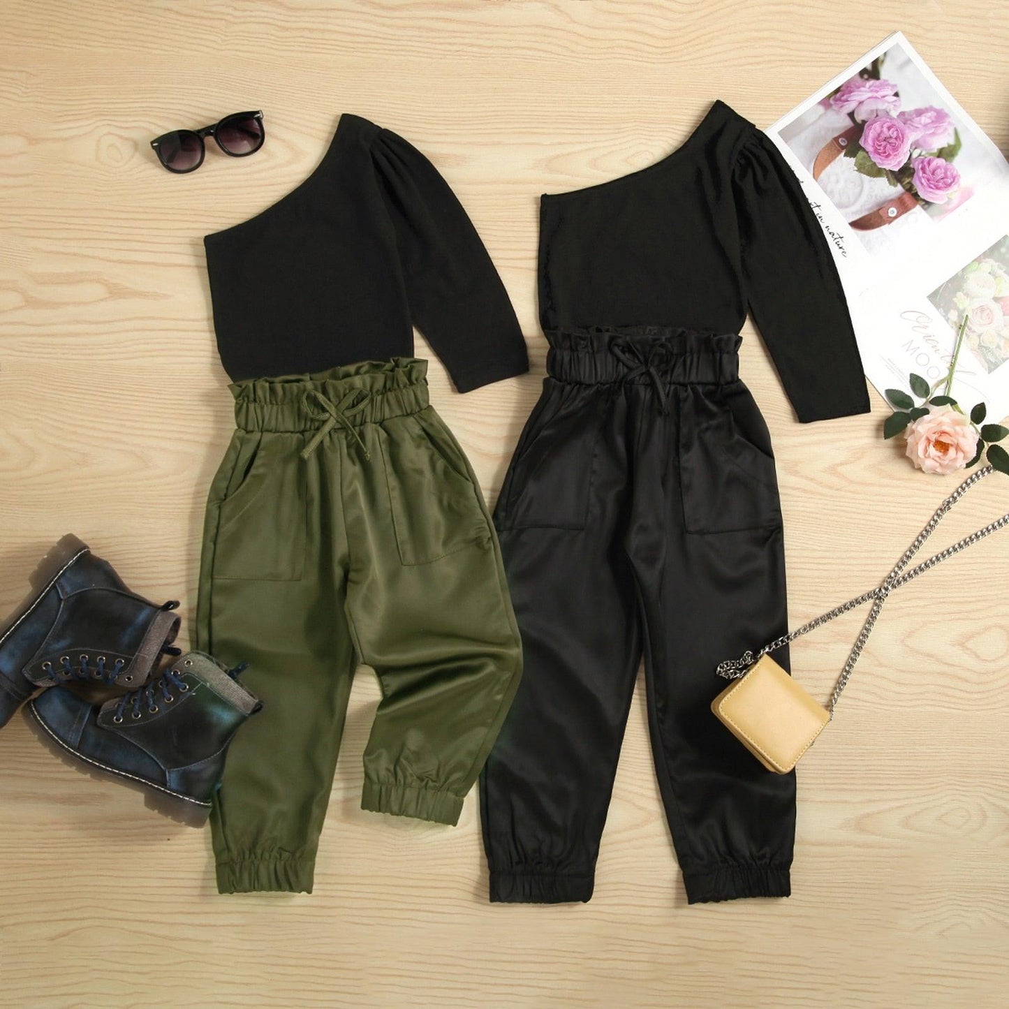 Girls Fashion Sets One Shoulder Long Sleeve T-shirt + Pocket Loose Pants - Twin Chronicles