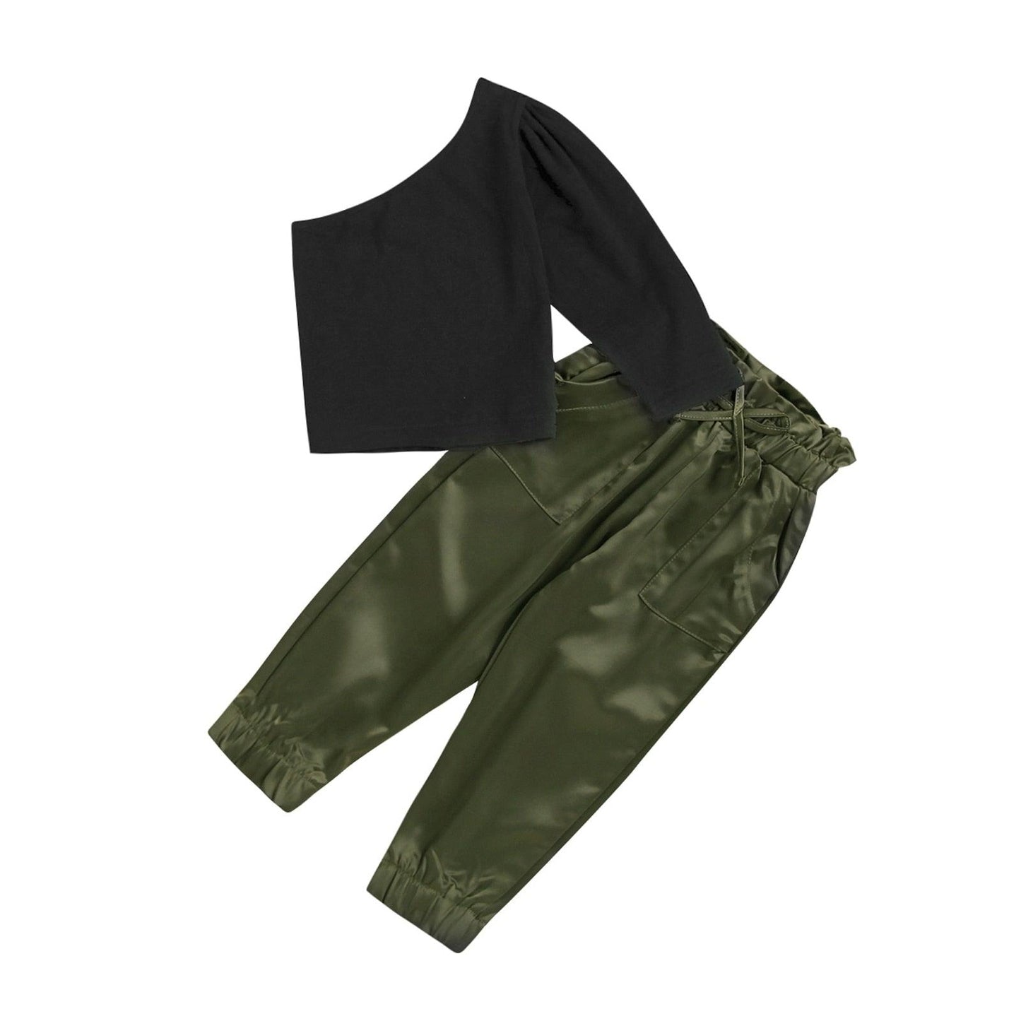 Girls Fashion Sets One Shoulder Long Sleeve T-shirt + Pocket Loose Pants - Twin Chronicles