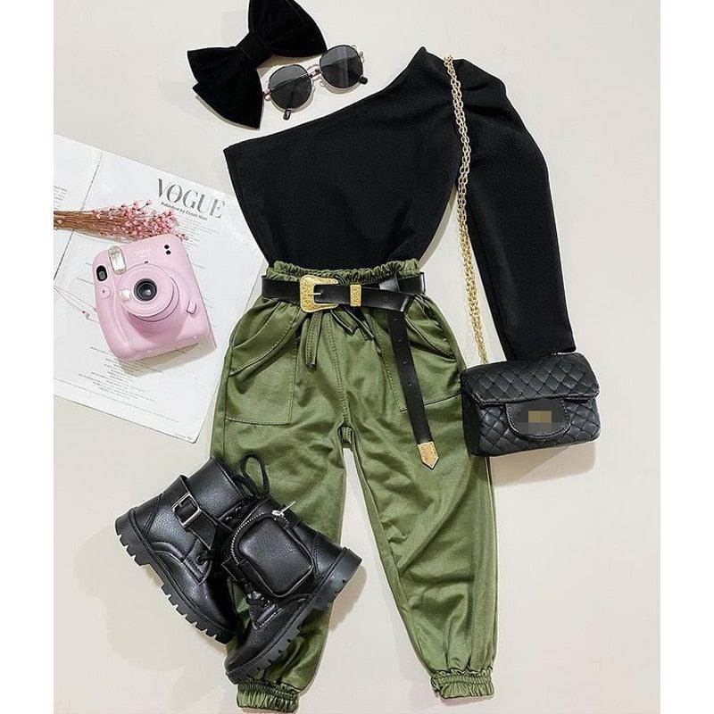 Girls Fashion Sets One Shoulder Long Sleeve T-shirt + Pocket Loose Pants - Twin Chronicles