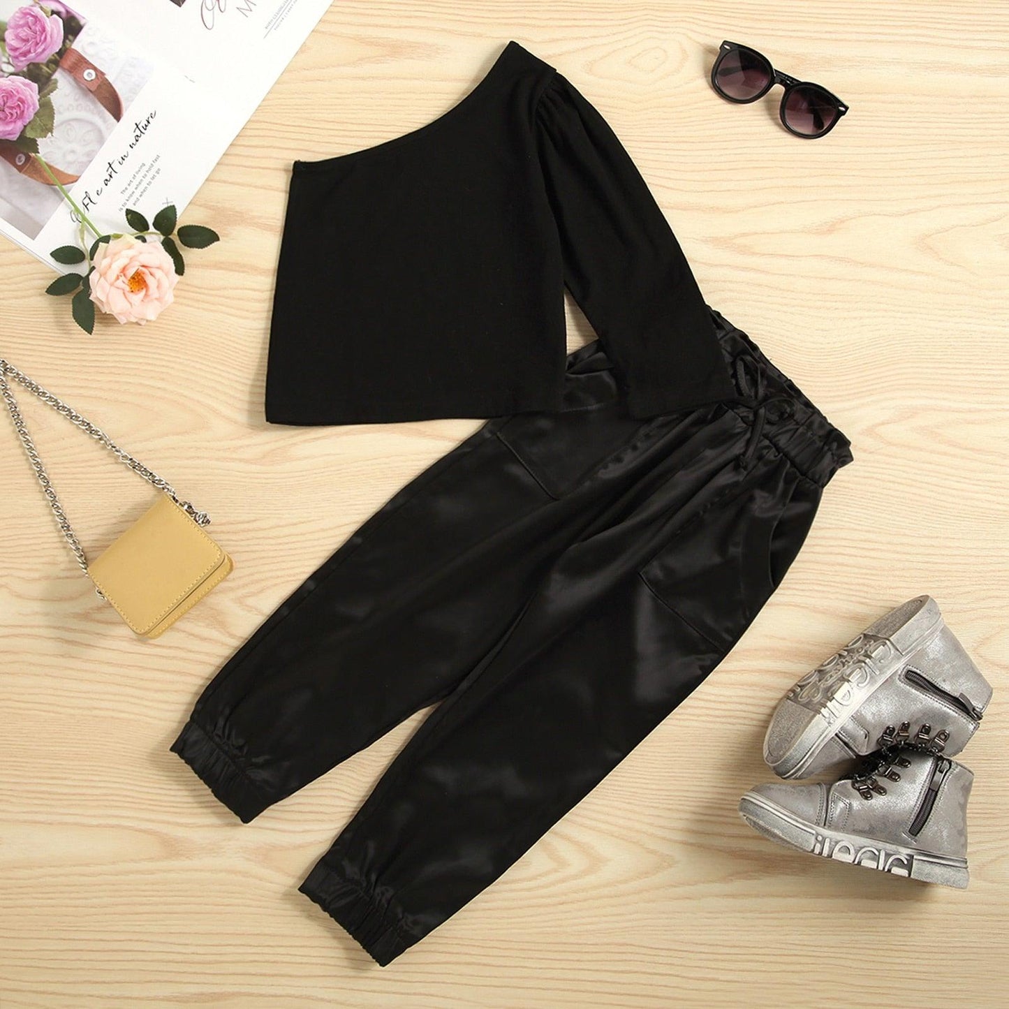 Girls Fashion Sets One Shoulder Long Sleeve T-shirt + Pocket Loose Pants - Twin Chronicles