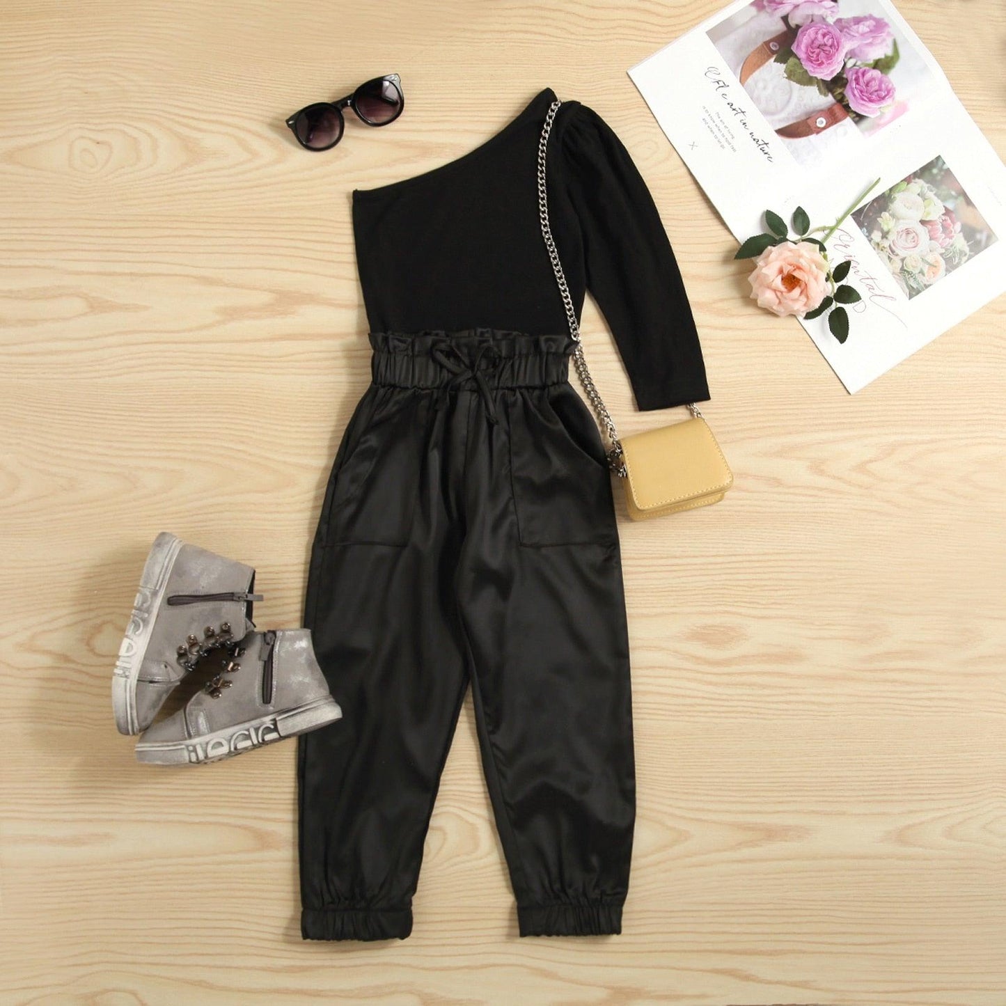Girls Fashion Sets One Shoulder Long Sleeve T-shirt + Pocket Loose Pants - Twin Chronicles