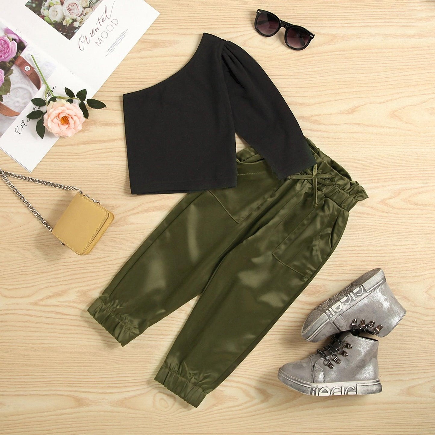 Girls Fashion Sets One Shoulder Long Sleeve T-shirt + Pocket Loose Pants - Twin Chronicles