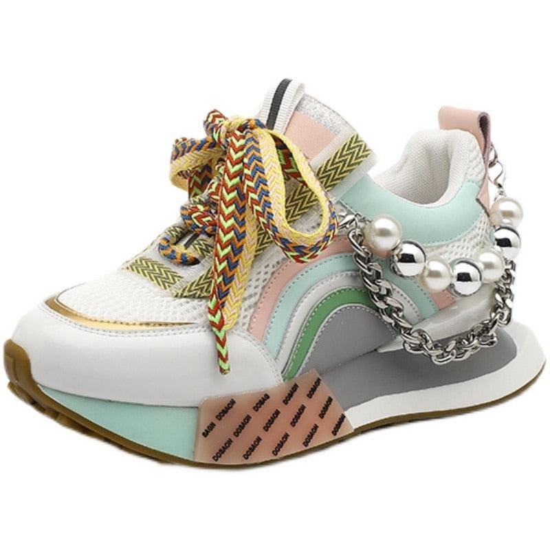New Lace Up Iridescent Pearl Chain Decorative Women Vulcanized Shoes - Twin Chronicles
