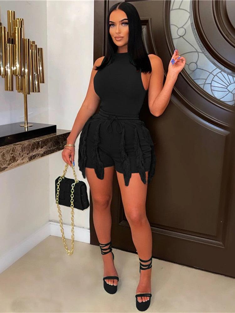 Summer Clothes Streetwear- Sets Women Outfits Sleeveless Crop Top Women Tassel Shorts Solid Color Matching Sets - Twin Chronicles