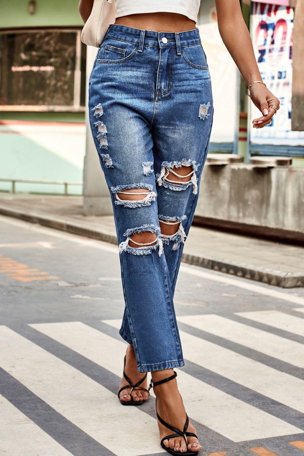 Distressed Buttoned Jeans with Pockets - Twin Chronicles