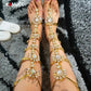 Summer Flats Sandal Gladiator Gold Rhinestone Knee High Buckle Strap Woman Boots