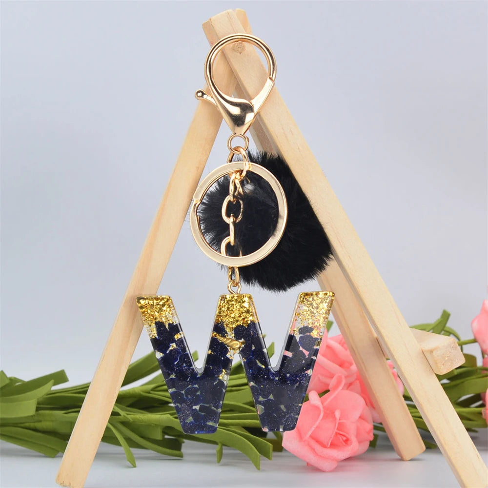 New 26 Letter Resin With Gold Foil Exquisite Keychain Charms
