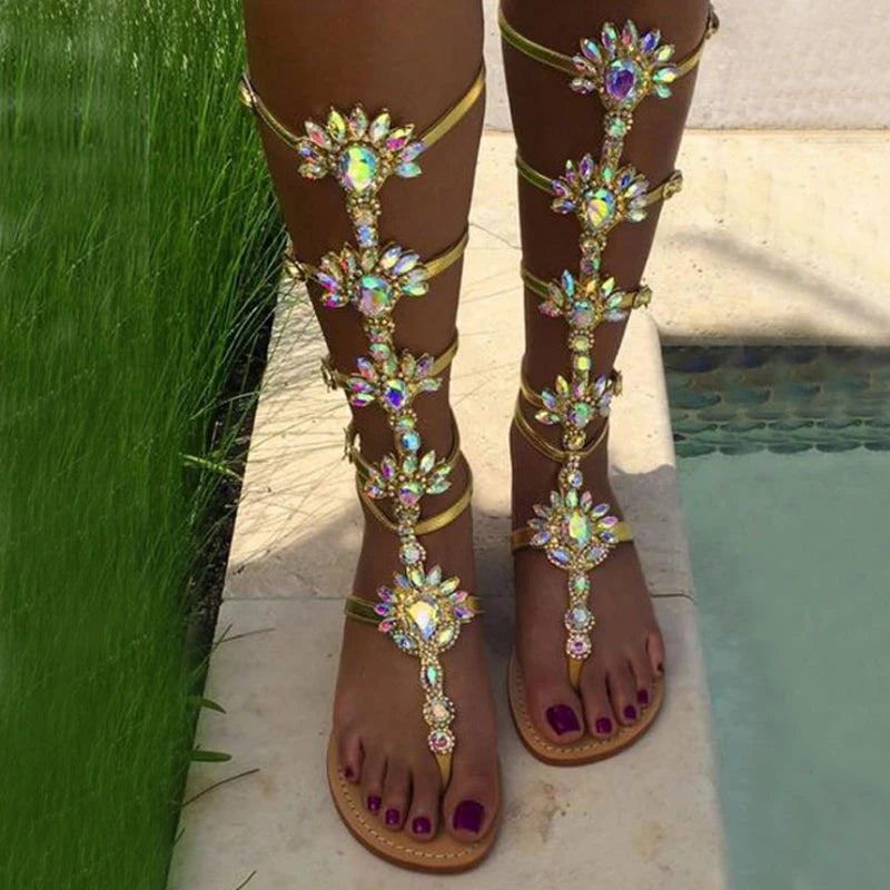 Summer Flats Sandal Gladiator Gold Rhinestone Knee High Buckle Strap Woman Boots