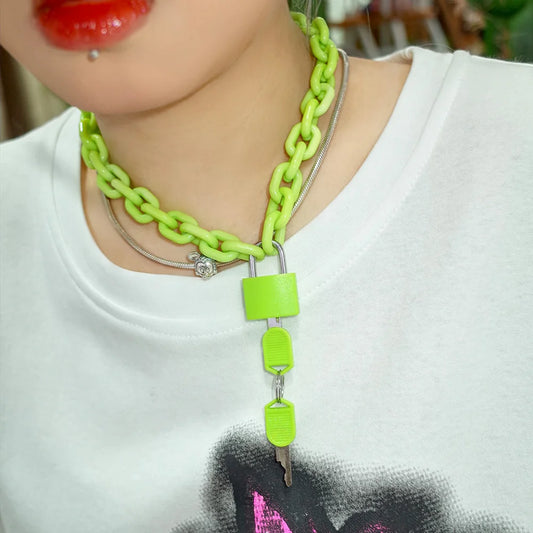 Rock Punk Acrylic Chain Lock Pendant Necklace