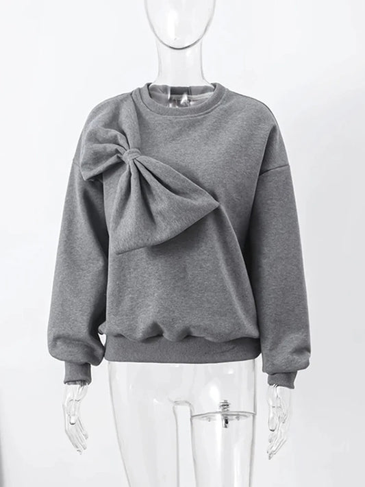 Solid Bow O-neck Women Sweatshirts Loose Long Sleeve Casual