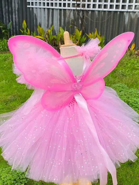 Girls Pink Fairy Dress Kids Glitter Tutu Flower Dresses with Wings and Stick Hairbow