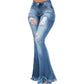 Full Length Denim Flare Capris Pants Pocket Holes Bell Bottom Trousers Boot Cut