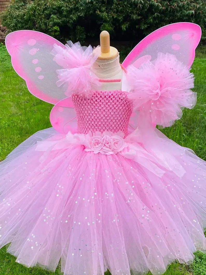 Girls Pink Fairy Dress Kids Glitter Tutu Flower Dresses with Wings and Stick Hairbow