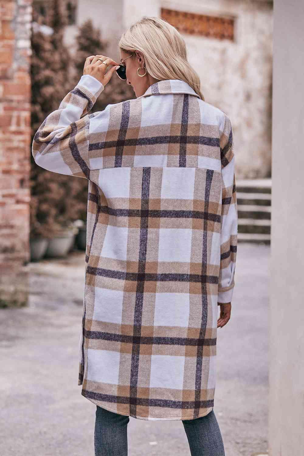 Plaid Dropped Shoulder Longline Jacket - Twin Chronicles 