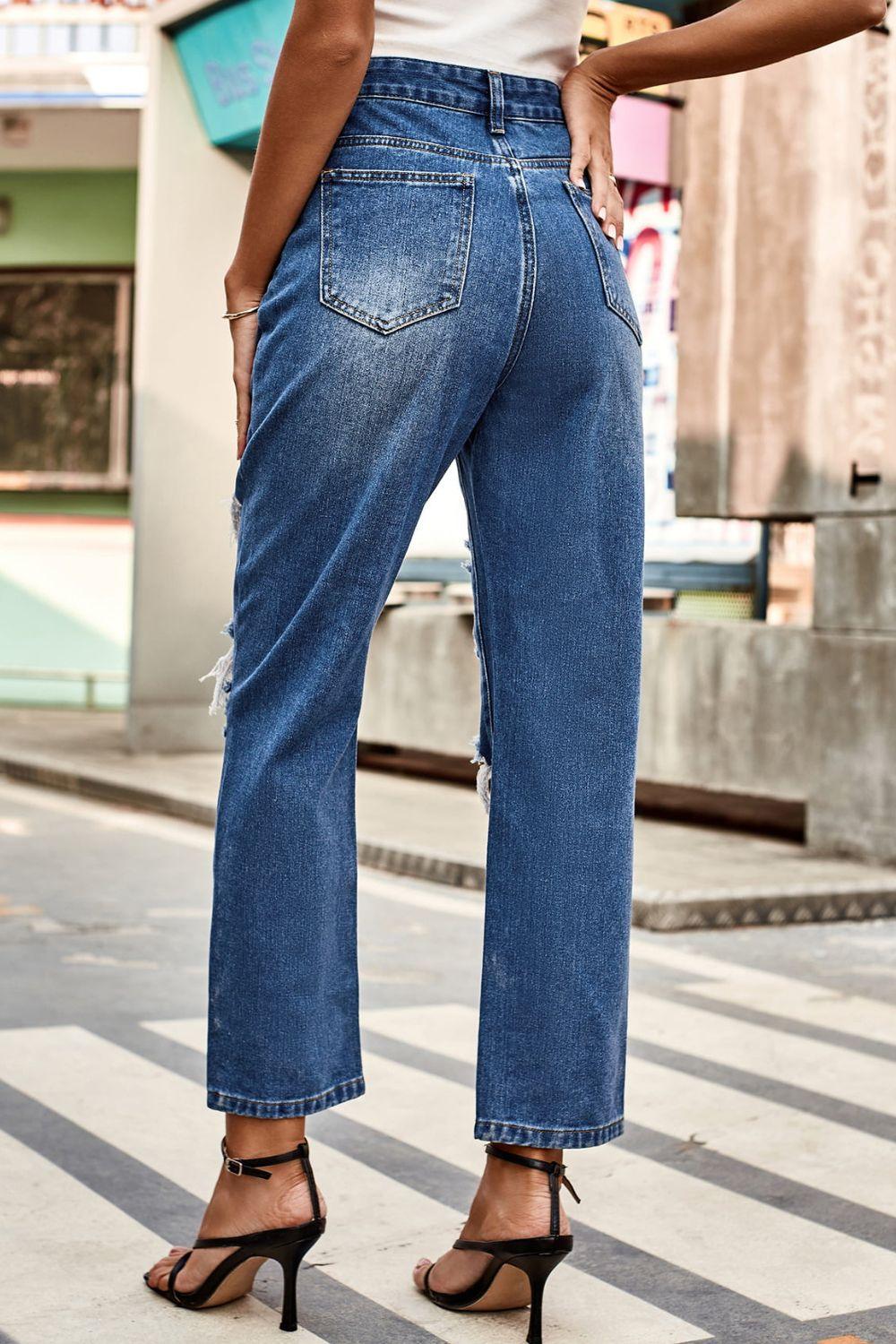Distressed Buttoned Jeans with Pockets - Twin Chronicles 