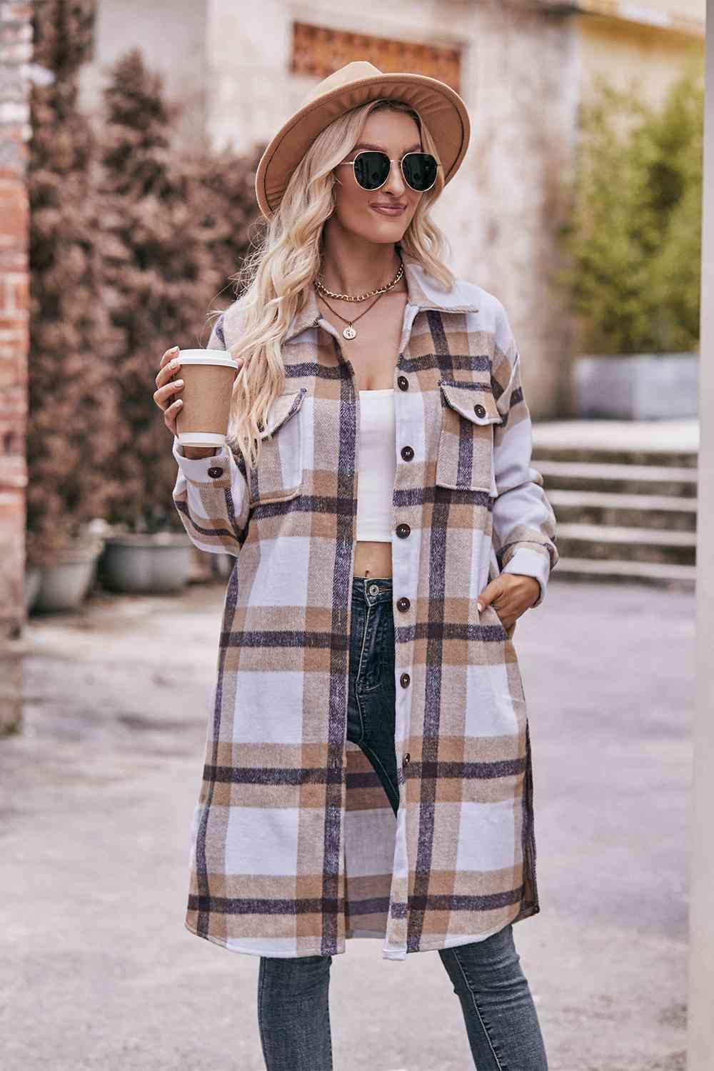 Plaid Dropped Shoulder Longline Jacket - Twin Chronicles 