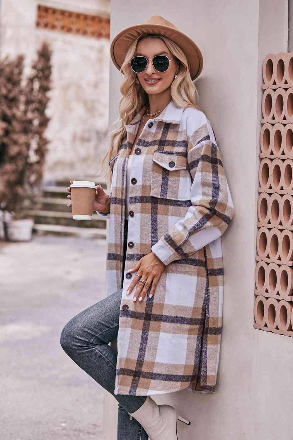 Plaid Dropped Shoulder Longline Jacket - Twin Chronicles 