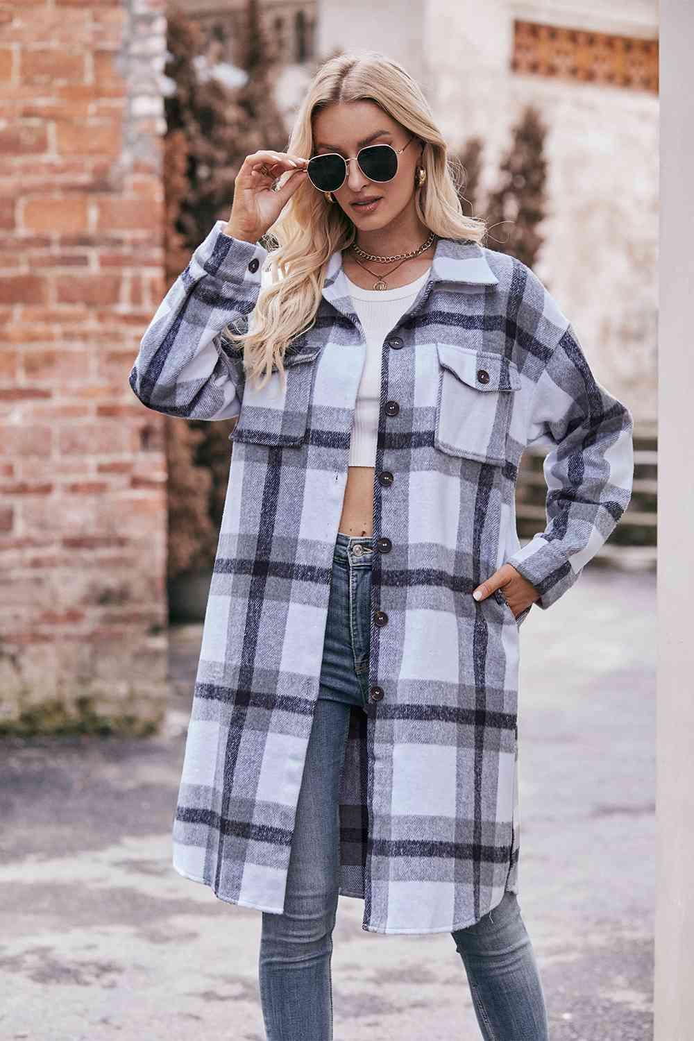 Plaid Dropped Shoulder Longline Jacket - Twin Chronicles 