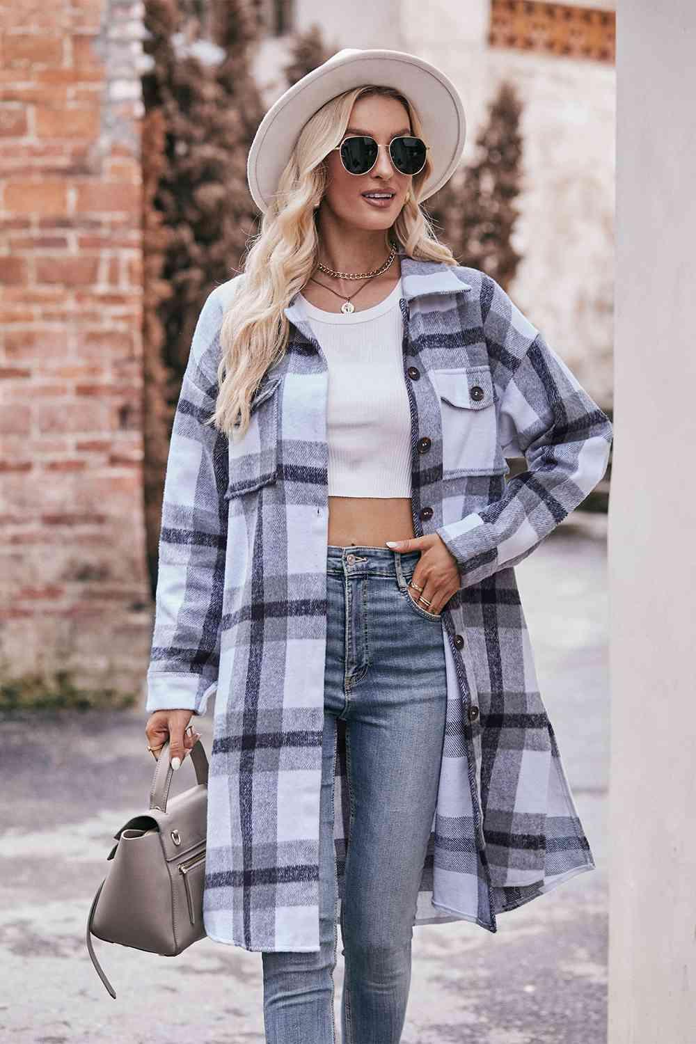 Plaid Dropped Shoulder Longline Jacket - Twin Chronicles 