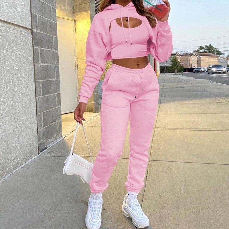 3Pcs Set Women Tracksuit Fleece Long Sleeve Pullover Crop Top Hoodie+Tanks+Jogger Outfit - Twin Chronicles 