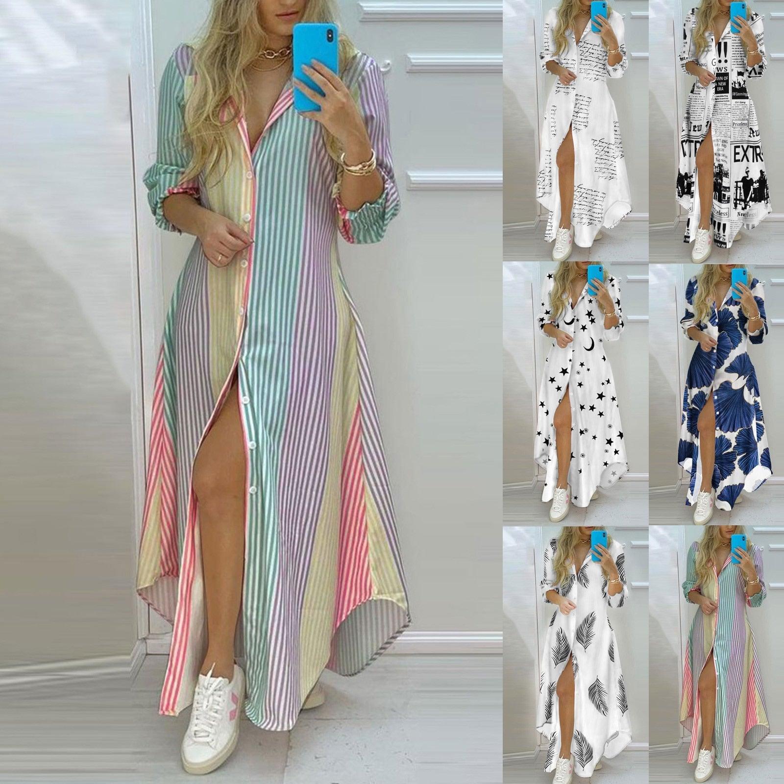 Women Stripe print Long Shirt Dress Fashion Boho Beach Maxi Dress - Twin Chronicles 