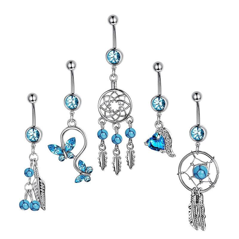 5Pcs/Set Stainless Steel Crystal Dream Catcher Belly Button Rings - Twin Chronicles 