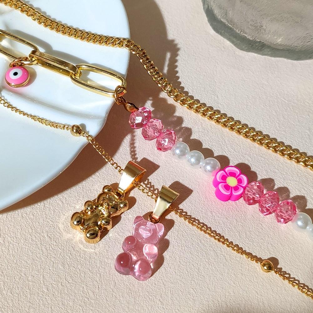 Pink Gummy Bear Flower Beaded Necklace - Evil Eye Asymmetric Pearl Choker Boho Multilayer Necklaces - Twin Chronicles 