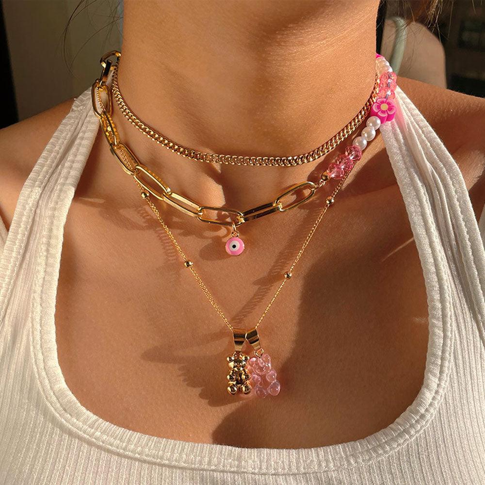 Pink Gummy Bear Flower Beaded Necklace - Evil Eye Asymmetric Pearl Choker Boho Multilayer Necklaces - Twin Chronicles 